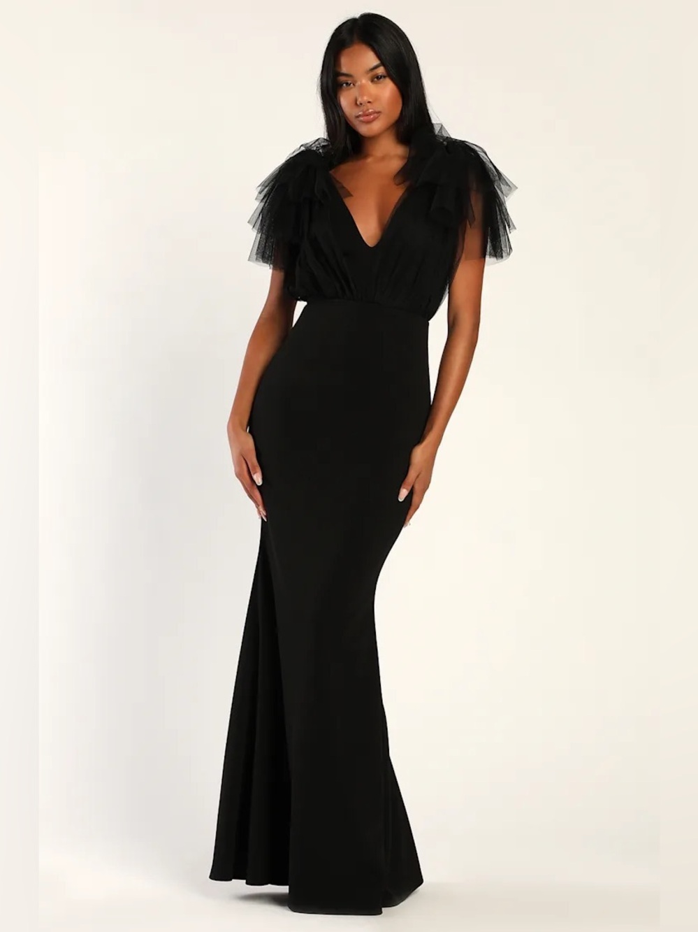 Lulus Fabulous Fun Black Tulle Flutter Sleeve Mermaid Maxi Dress